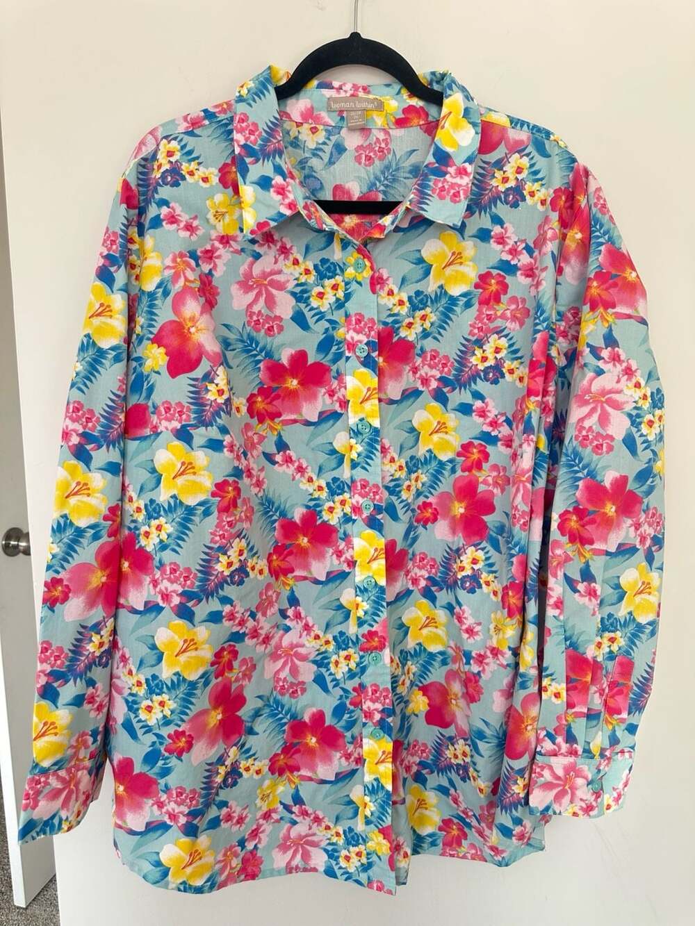 Woman Within Floral Button Up Shirt Size 2X Blue Pink Yellow Long Sleeve